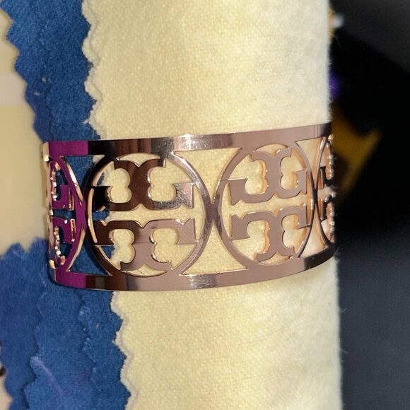 Tory Burch Rose Gold T Logo Wide Open Cuff Bracelet - Picture 5 of 8